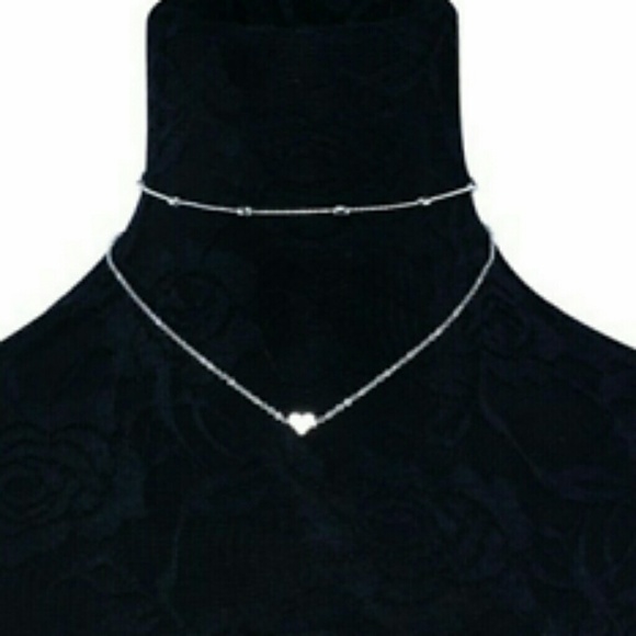 Silver Heart Choker Double Chain Necklace - Picture 2 of 2